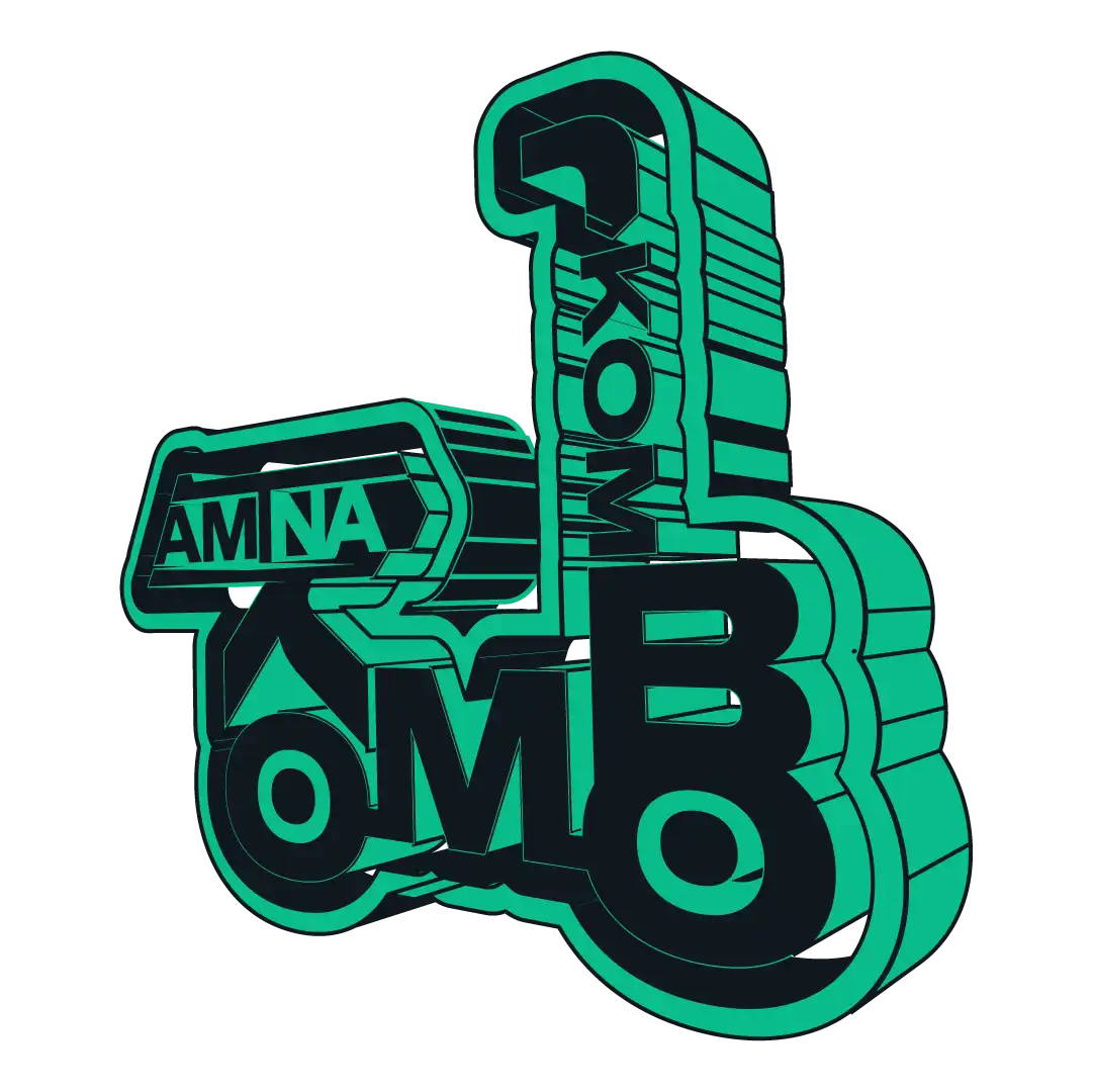 Amina Kombo logo: a caribbean green and navy blue isometric illustration of a seated scooter made of the letters of the designer's name.