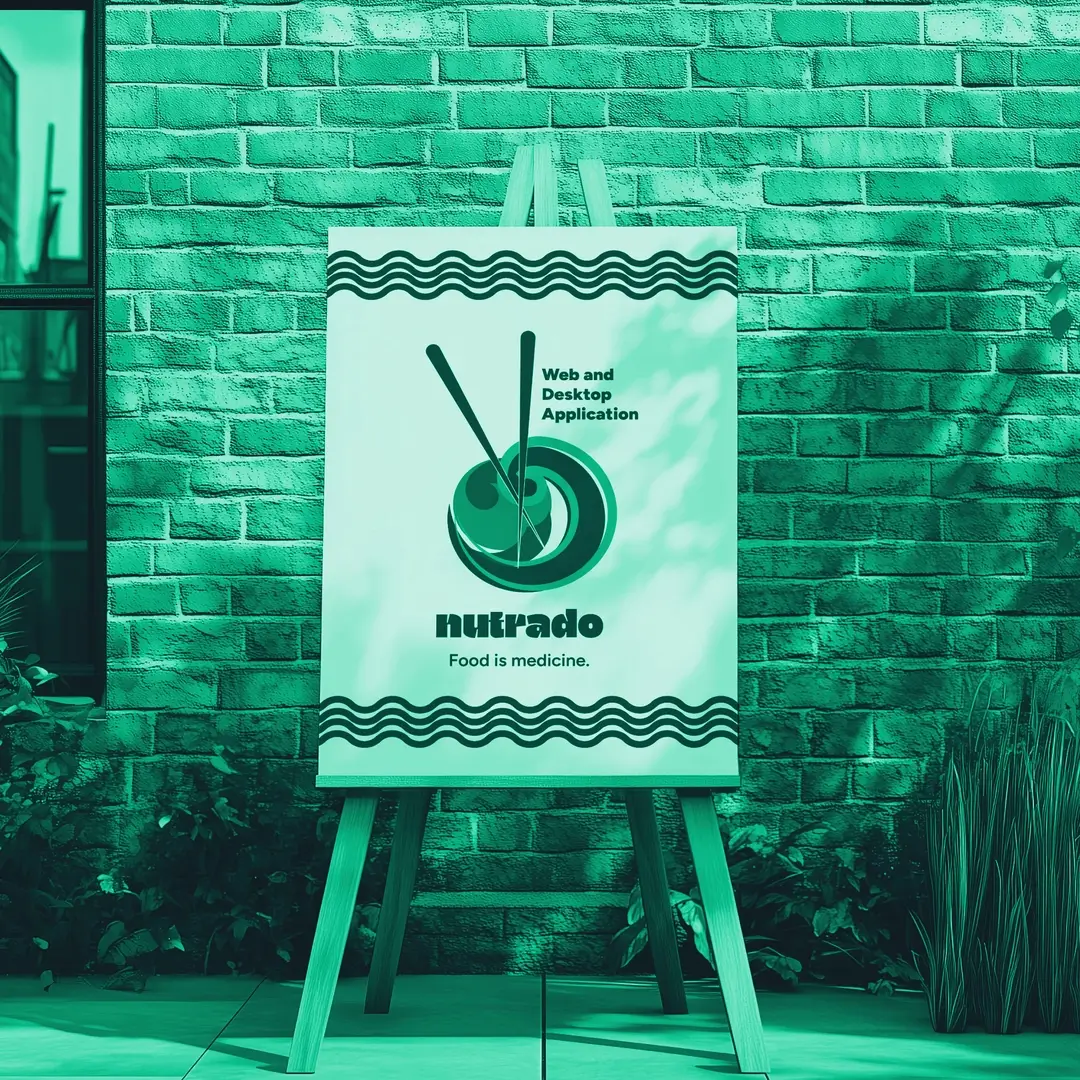 Nutrado cover image: a banner showing the logomark on a white restaurant easel.