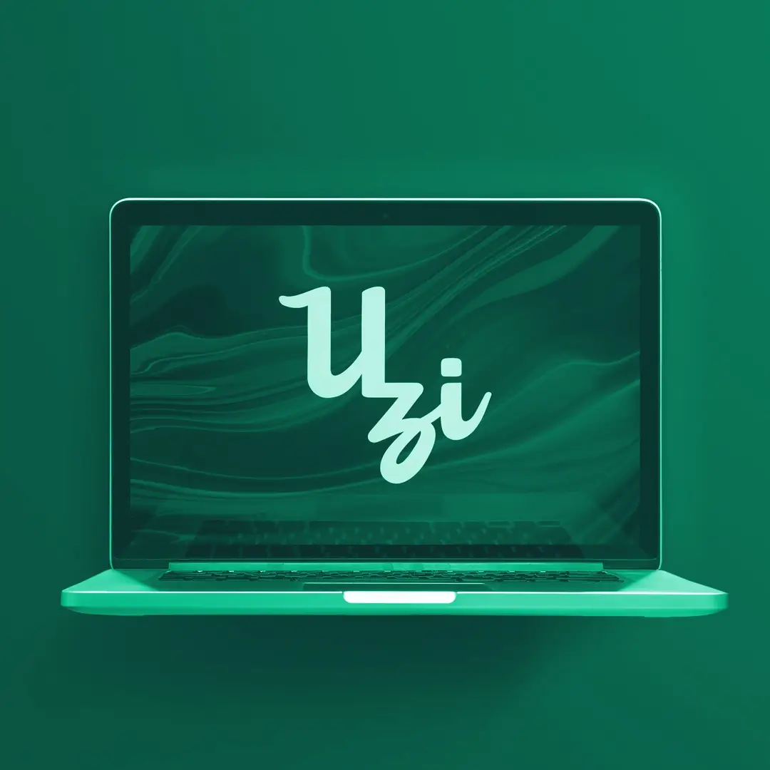 Uzi cover image: a light grey logo on a dark purple laptop screen.